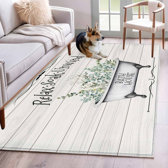Rectangle Area Rug 4x6ft, Bathtub Eucalyptus Relax Soak Unwind Quote Non-Slip Non-Shedding Floor Mat, Wood Barn Washable Sturdy Carpet for Living Room Bedroom Home Decor