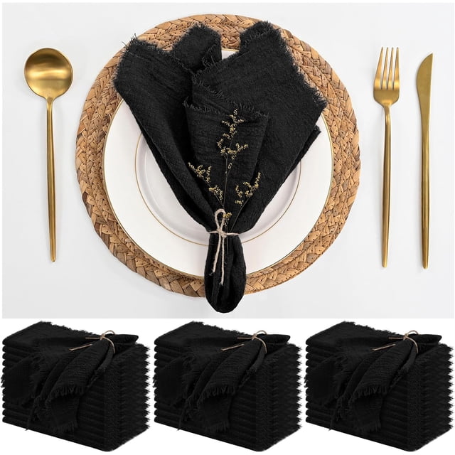 36 Pack Black Cloth Napkins Cotton Linen Napkins 16 x 16 Inch Black Napkins Cloth Handmade with Fringe Soft Napkins Cloth Washable Rustic Dinner Napkins Cloth for Wedding Party Dinner Table