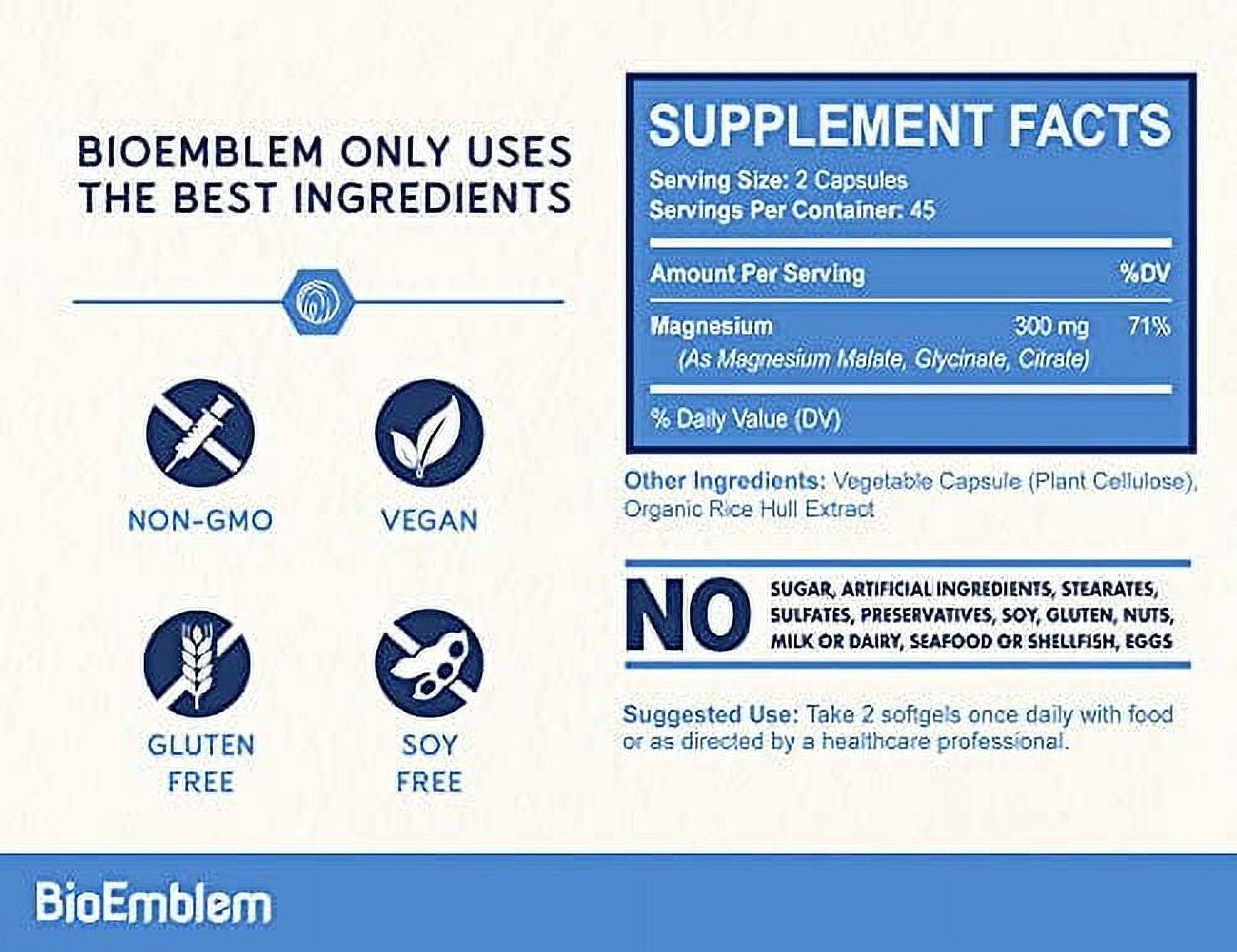BioEmblem Triple Magnesium Complex | 300mg of Magnesium Glycinate, Malate, Citrate for Muscles, Nerves, Energy | High Absorption | Vegan, Non-GMO | 90 Capsules