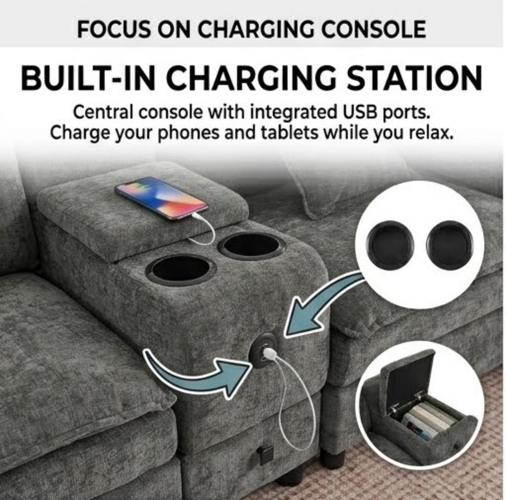 Modular U-Shaped Sectional Sofa with Reversible Chaise, USB Charging Ports & Storage Drawer, 6-Seater Sofa Couch with Flip-Top Cup Holder Console, Arm Pockets & Detachable Cushions