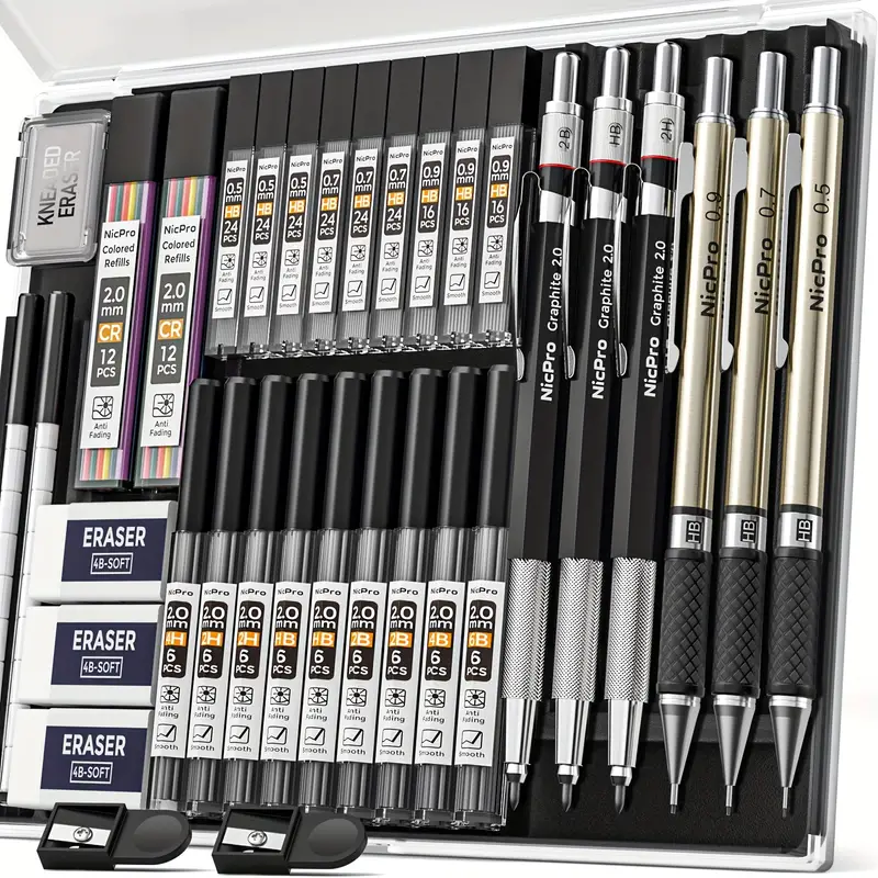 Nicpro 5 Pcs Black Metal Mechanical Pencils Set in Leather