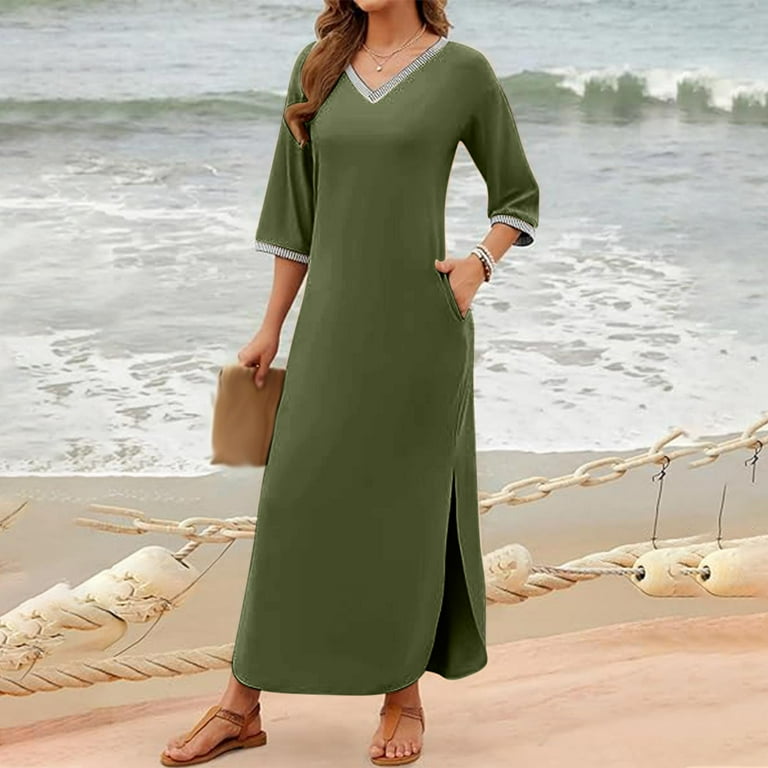 Dailytrove Women's Solid Color V-Neck Maxi Dress, Short Sleeve, Casual Office & Evening Wear, Stretchy Jersey Fabric, Side Slit, Size: DT-XL