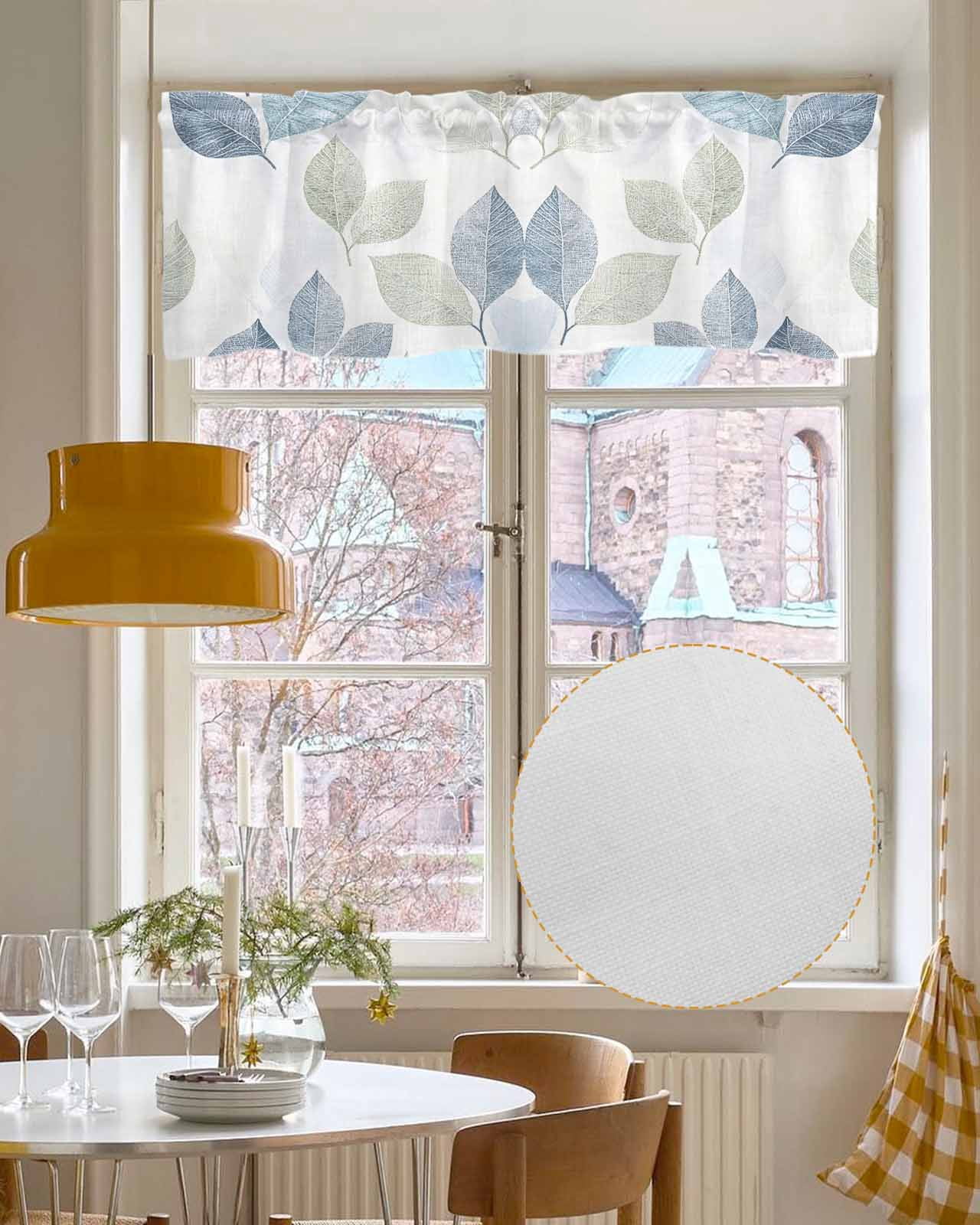 Sage Green Blue Leaves Kitchen Valances for Windows Farmhouse Linen Window Valance Curtain for Living Room Window Treatment Vintage Rustic Botanical Valance Rod Pocket Topper Drape, 54 x 18 Inch