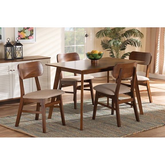 Baxton Studio Euclid Mid-Century Modern Sand Fabric Upholstered and Walnut Brown Finished Wood 5-Piece Dining Set