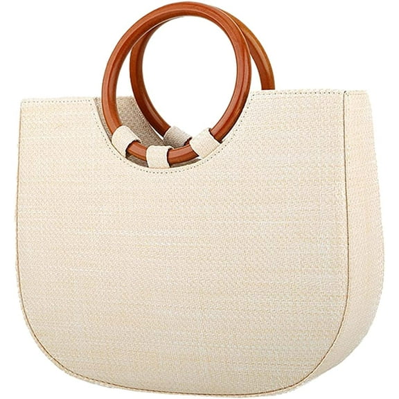 CoCopeaunts Summer Straw Bag, Women Beach Bag Fashion Large Woven Shoulder Bag Hobo Handbag Vacation Top Wooden Handle Bag Purse