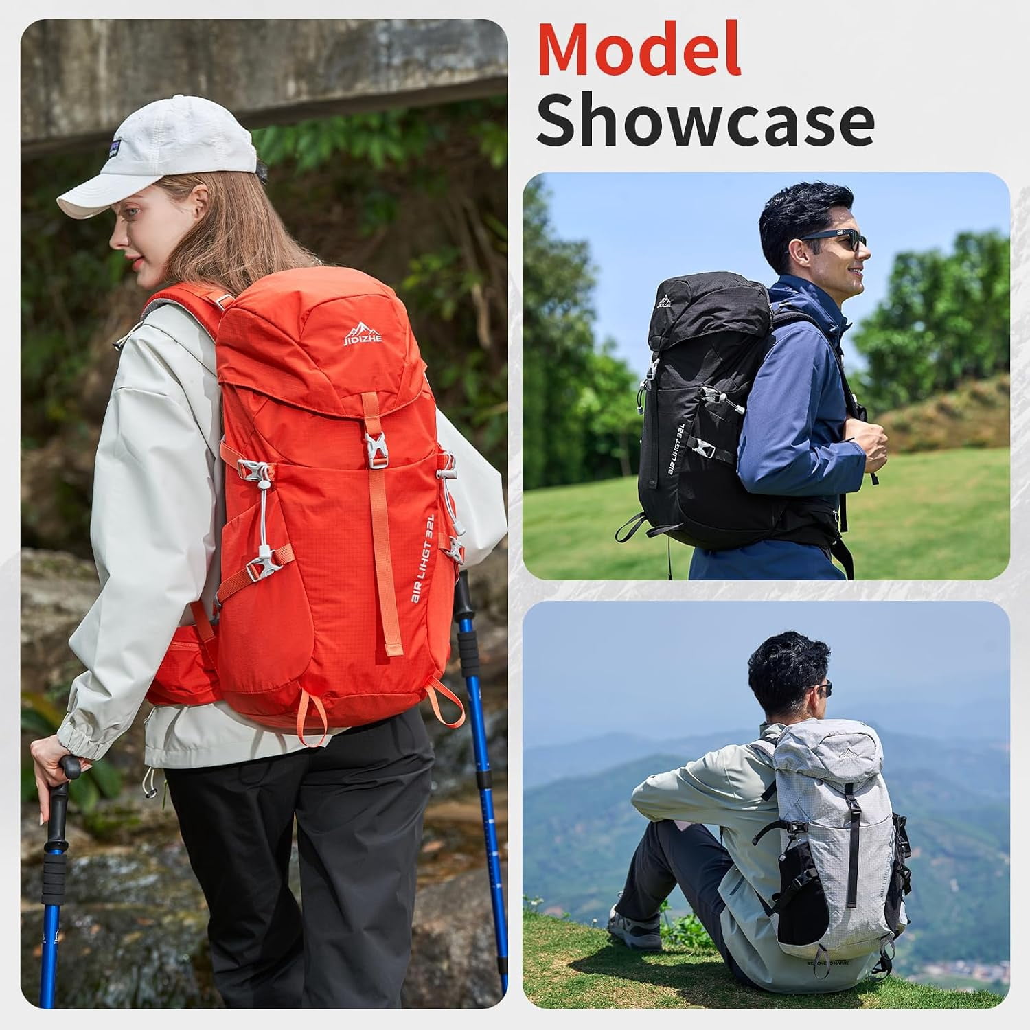 JIDIZHE 32L Hiking Backpack with Internal Frame and Rain Cover, Lightweight Pack Equipped with Adjustable Chest Strap, Breathable Unisex Daypack for Hiking, Camping and Travel，Gray