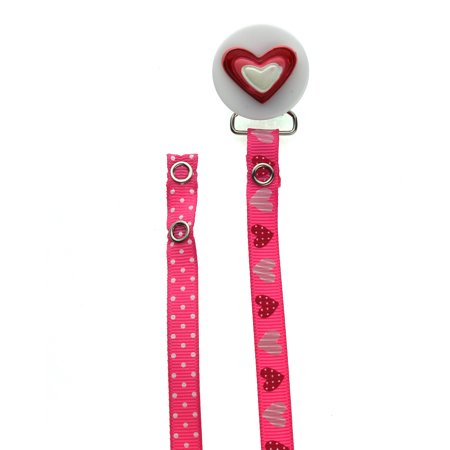 Pink Heart Pacifier Clip With Two Interchangeable Ribbons