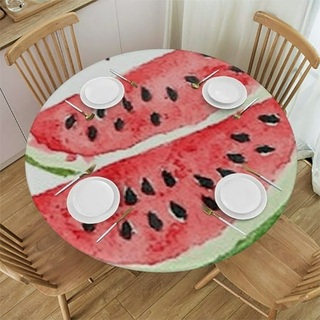 

Watermelon Round Tablecloth with Elastic Edge Summer Watercolor Fruit Fitted Table Cloth Waterproof Wipeable