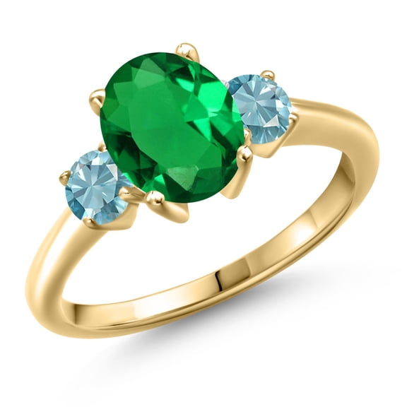 Gem Stone King 18K Yellow Gold Plated Silver Green Nano Emerald and Blue Zircon Engagement Ring for Women | 2.50 Cttw | Oval 9X7MM | Gemstone May Birthstone | Size 5
