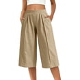 thumbnail image 7 of Women's Pleated Wide Leg Capri Culotte Pants Elastic High Waist Textured Lightweight Wrinkle Resistant Casual Fit Khaki XXL, 7 of 7