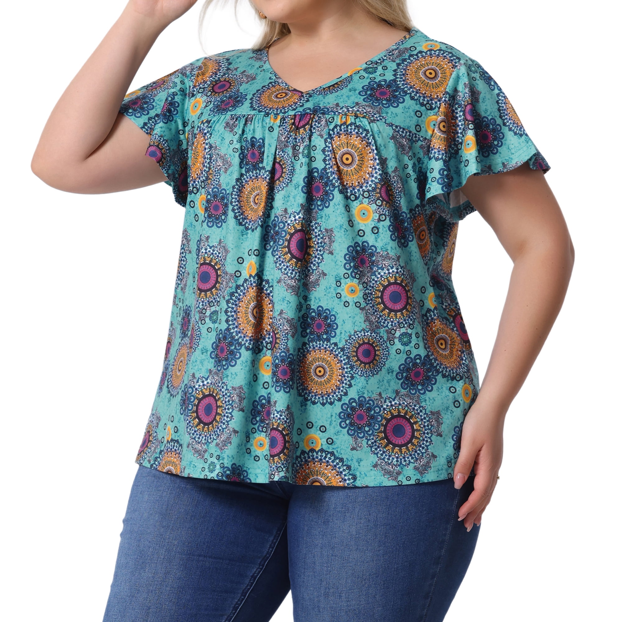 DARING DIVA Women's Plus Ruffle Boho Floral T Shirt 2X Blue Orange Circle