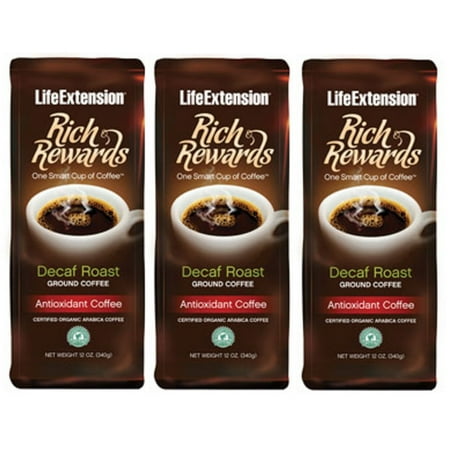Life Extension Rich Rewards Ground Coffee, Decaf, 12 Oz. (3 x 12 Ounce