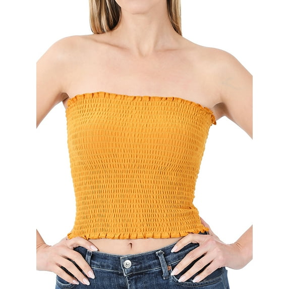 "Women Strapless Pleated Solid Colors Smocked Bandeau Sexy Tube Crop Tops (GOLDEN MUSTARD, X-Large)"