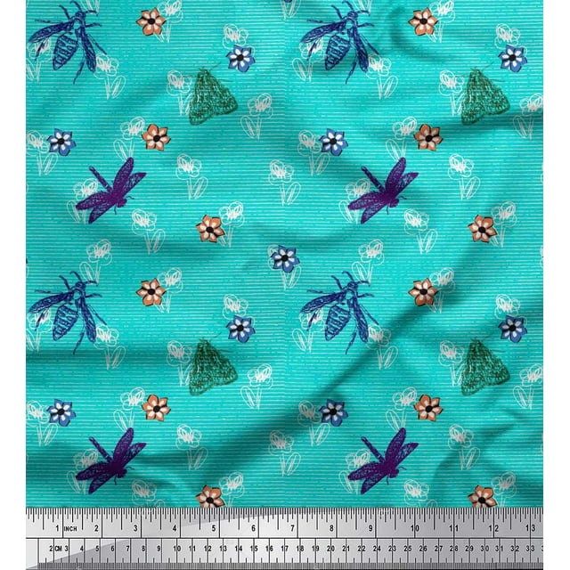 Soimoi Cotton Jersey Fabric Floral,Moth & Dragonfly Insects Print Fabric by The Yard 58 Inch Wide