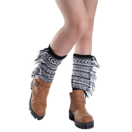 

HESITONE Women Bohemian Boot Cuffs Toppers Side Fringed Tassels Crochet Knit Short Leg Warmers Geometric Striped Print Calf Socks