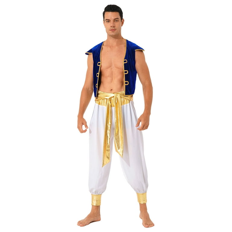 TiaoBug Mens Arabian Prince Costume Outfits Golden Vest and Bloomers Pants  Halloween Cosplay Party Suit Blue 3XL 
