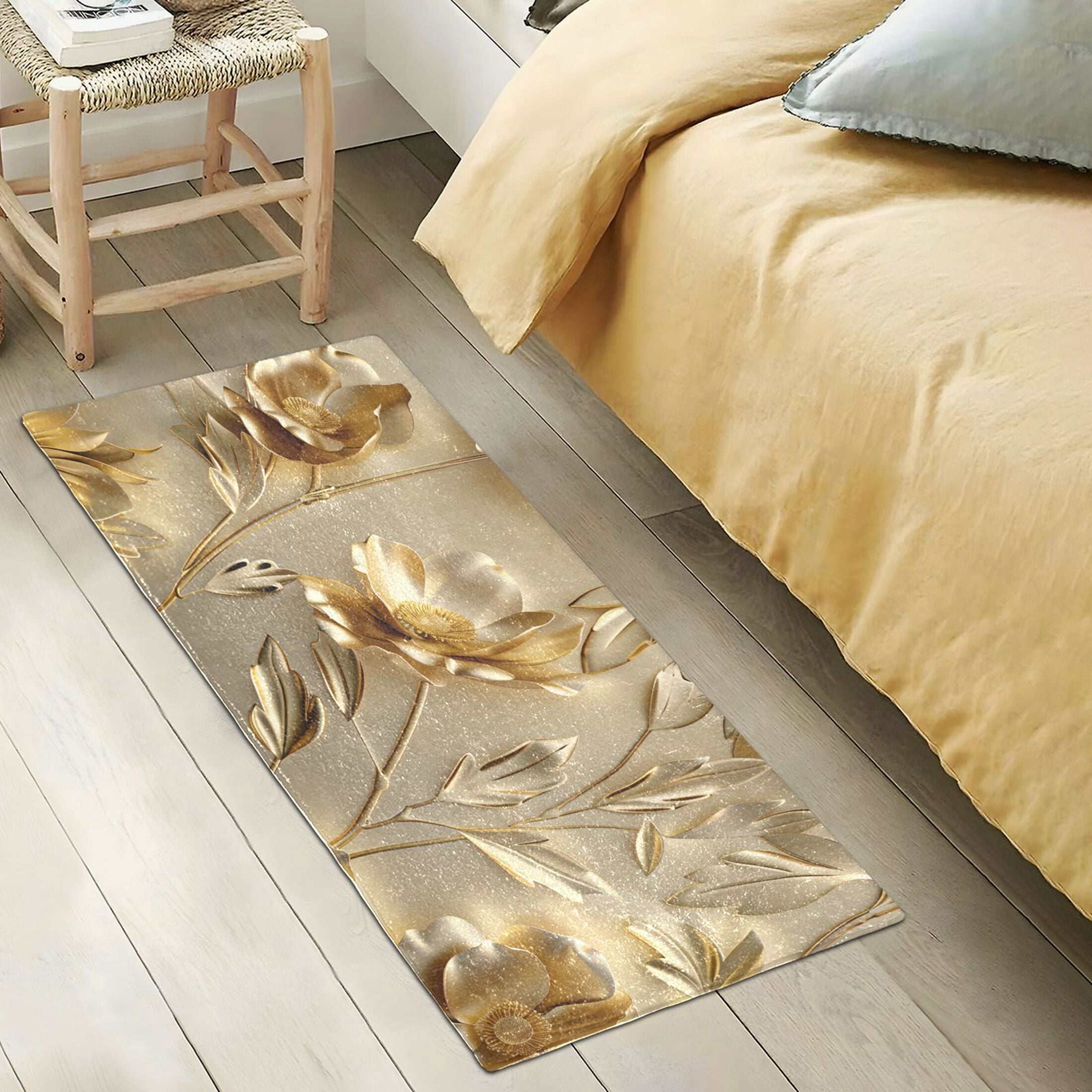 Gold Flowers and Leaves Bathroom Rug Non Slip Bathroom Mats Entry Door Soft Carpets for Kitchen Bedroom Living Room 39x20 inch