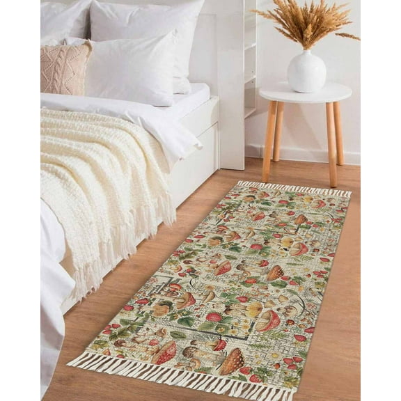 Mushroom Hallway Runner Rug 2x5ft,Pastoral Summer Botanical Watercolor Spring Floral Washable Woven Living Room Bedroom Kitchen Bathroom Carpet with Tassels,Indoor Outdoor Throw Door Mat for Entryway