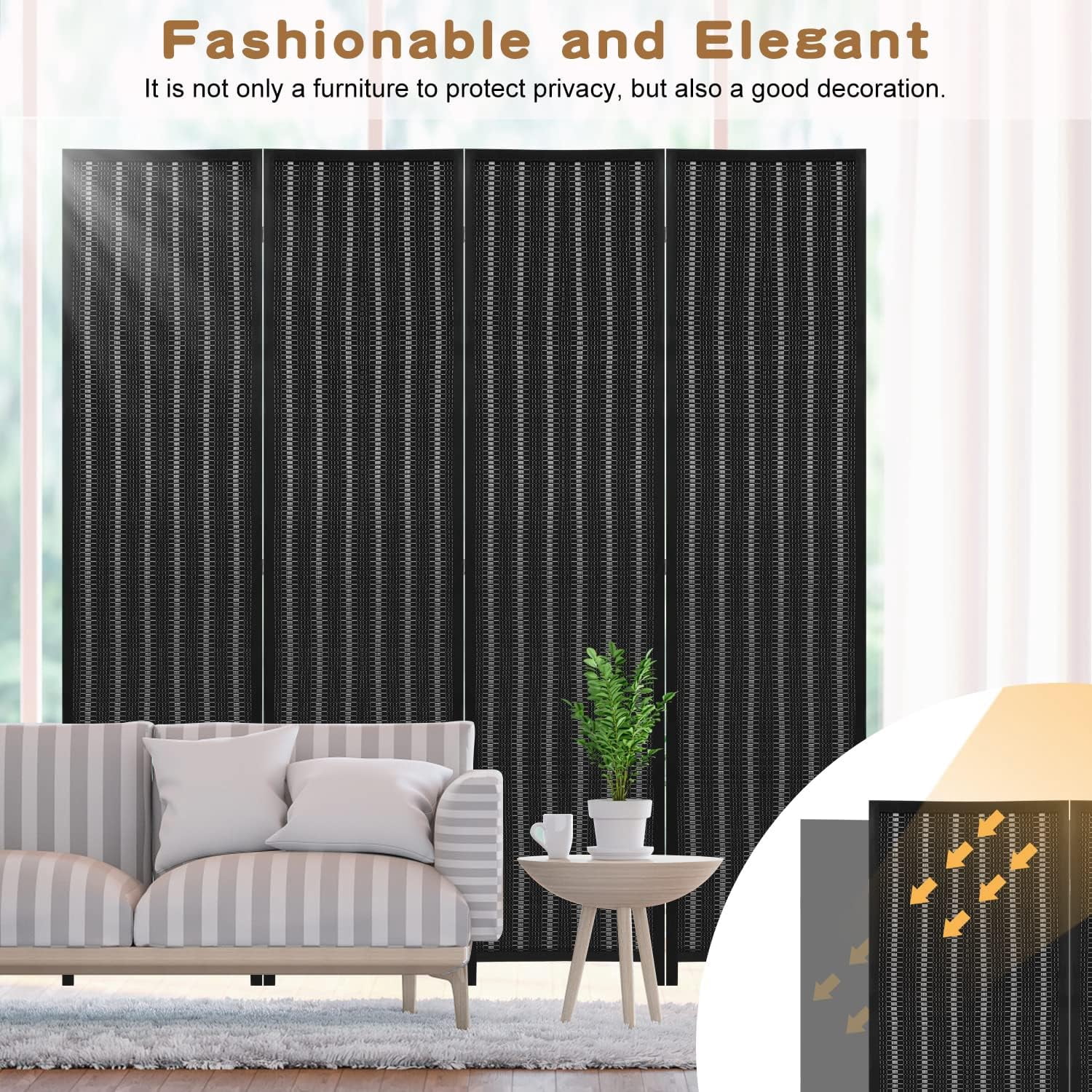 XF XINFENG Bamboo Room Dividers 4 Panel 72" Tall Folding Privacy Screen Partition Wall Divider for Living Room, No Assembly Needed, Black