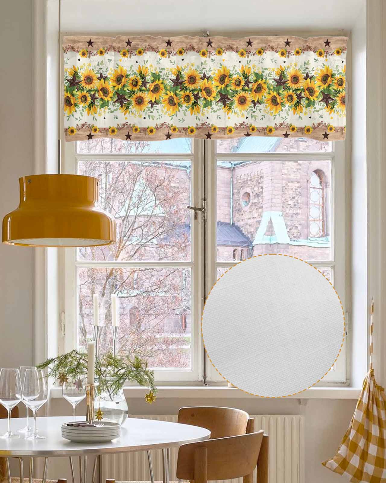 Yellow Sunflower Kitchen Valances for Windows Farmhouse Linen Window Valance Curtain for Living Room Window Treatment Green Leaves Wood Country Vintage Valance Rod Pocket Topper Drape, 54 x 18 Inch