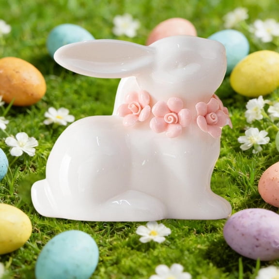 Easter Decor White Ceramic Sitting Rabbit with Colorful Necklace Decor, Spring Garden Decoration, Easter Home Tabletop Accent