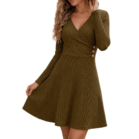 Awdenio Women's Dresses Long Sleeve V Neck Fall Ribbed Knit Soft Stretch A-Line Flowy Mini Dresses, Casual Daily Wear Trendy Outfits