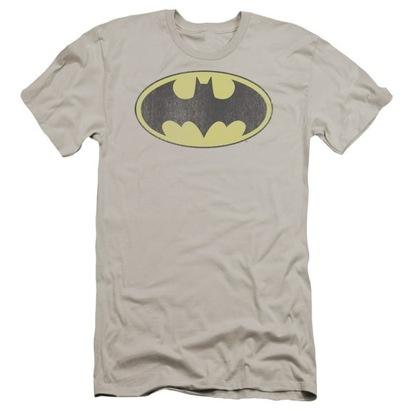DC Comics Retro Bat Logo Distressed Premium Canvas Adult Slim Fit 30/1 T-Shirt Silver