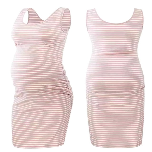 EIMELI Robe pour Femme Enceinte à Rayures Sans Manches à Col Rond Ajustée Midi Robe Débardeur Robe d'Été Décontractée Robe de Maternité
