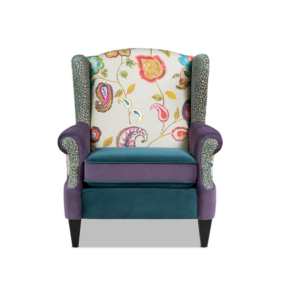 Anya Boho Chic Wingback Accent Arm Chair, Floral & Leopard, Satin Teal & Purple