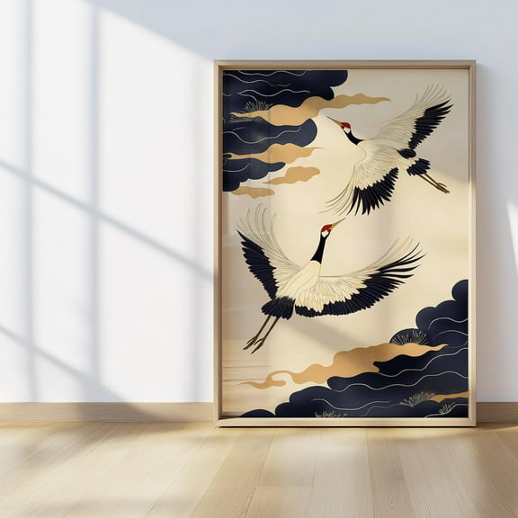 Flying Japanese Crane Wall Art, Elegant Bird Print, Gold & Navy Asian Decor, Traditional Oriental Artwork, Minimalist Nature Poster Wall Art Decor For Home Office, 8x12 UNFRAMED