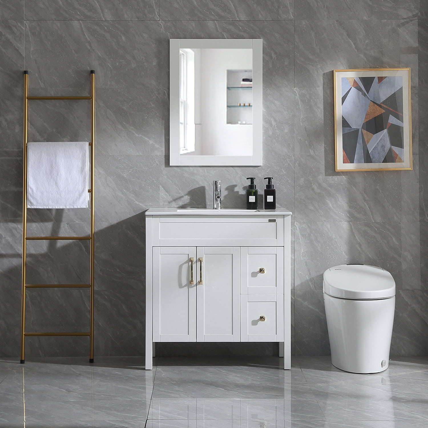 Wonline 32" Bathroom Vanity Base & Integrated Ceramic Sink Top Free