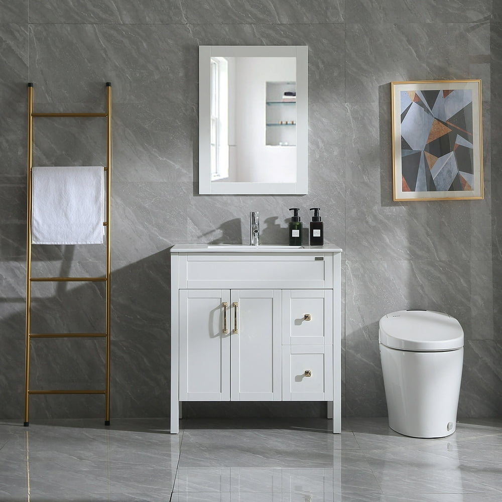 32" Bathroom Vanity Base & Integrated Ceramic Sink Top Free Standing Ins White