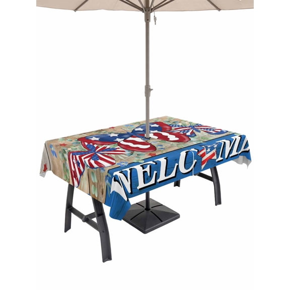 Outdoor Tablecloth with Umbrella Hole and Zipper, Independence Day Rectangle Table Cloth 60x102 Inch Waterproof Tablecloth, Farmhouse American Flag Butterflies Wood Picnic Table Cover for Patio