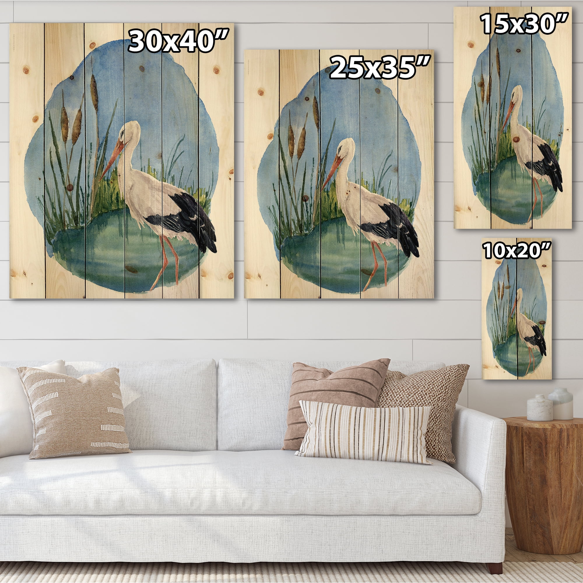 Designart 'White Stork On The Swamp Blue' Traditional Print on Natural Pine Wood