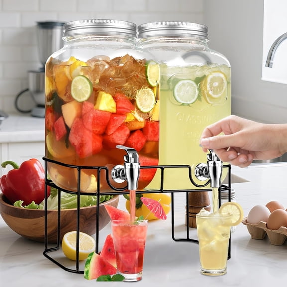2 Gallon Glass Drink Dispenser with Stand and Spigot for Parties, Retro Beverage Server for Lemonade, Tea, , BBQ, Picnic, Laundry Detergent