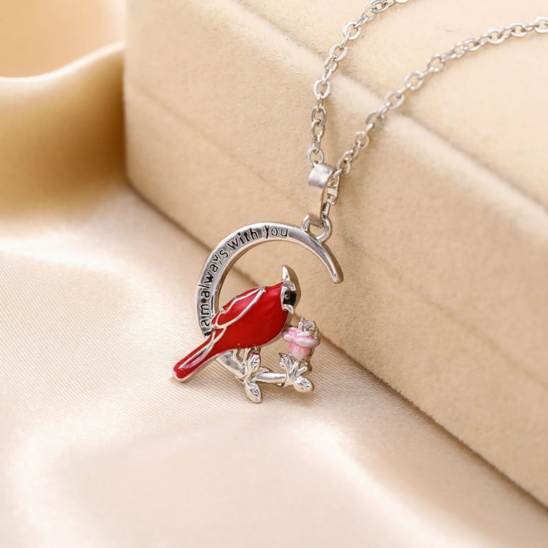 Silver Engraved Angel Red Bird Cardinal Heart Pendant Necklace