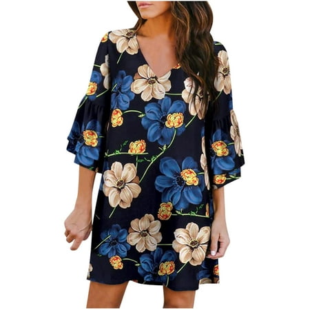 

Juebong Women s Casual Dress Sweet And Cute V-Neck Printed Bell Sleeve Shift Dress Mini Dress