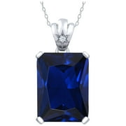 Gem Stone King 925 Sterling Silver Blue Created Sapphire Pendant Necklace For Women | 17.55 Cttw | Emerald Cut 18X13MM | With 18 inch Silver Chain