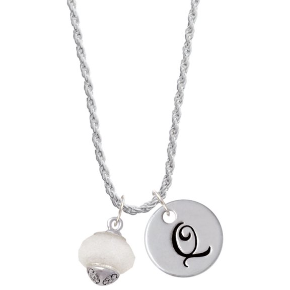 Delight Jewelry Opaque White Faceted Glass Spinner Silvertone Script Initial Disc - Q - Charm Necklace, 20"+3"