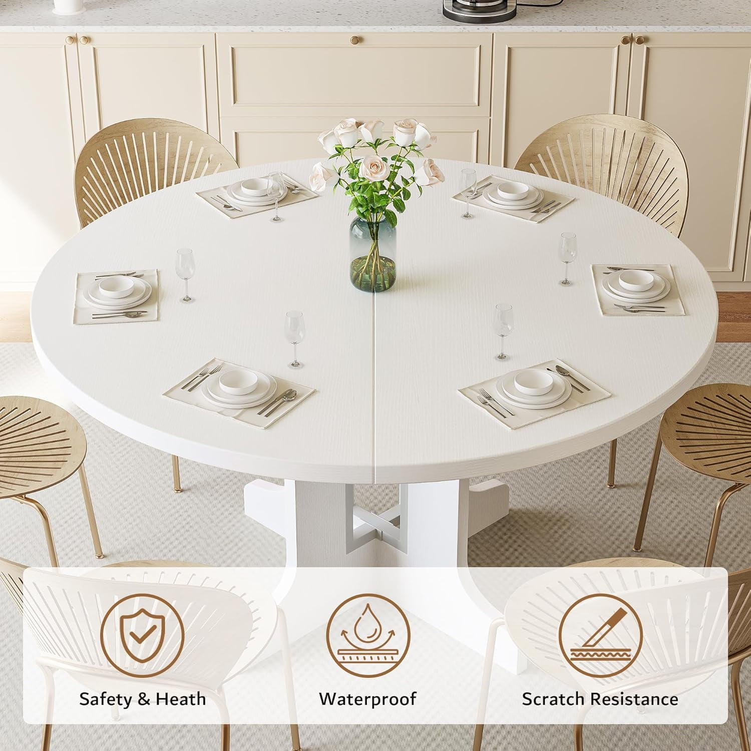 iPormis 59" Round Extendable Dining Room Table for 6, Modern Oval Kitchen Table with Heavy Duty Wood Base, Dinette for Kitchen Living Room,White