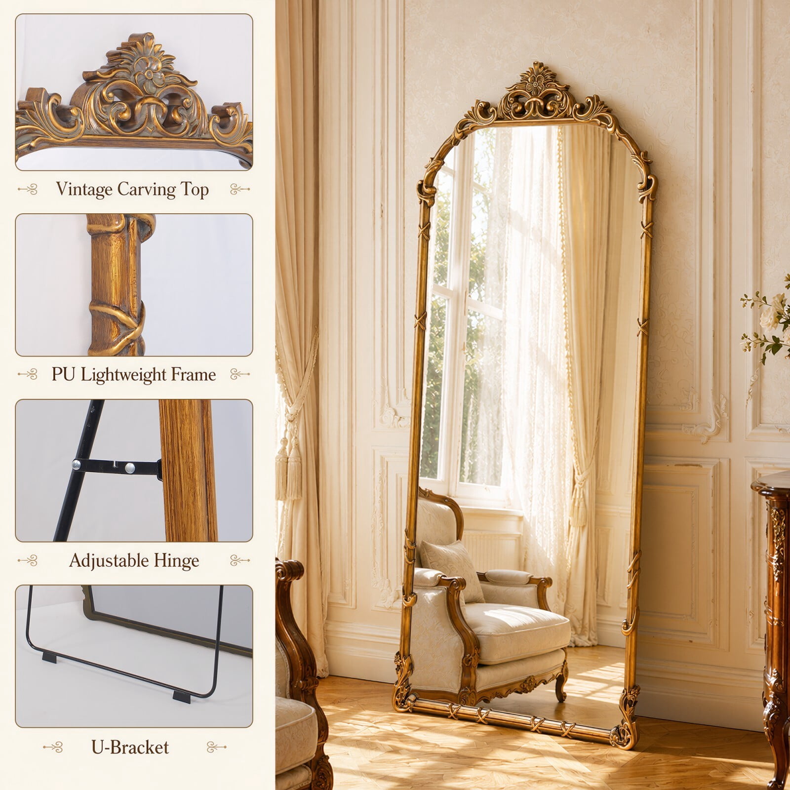 Easy4Home 69"x28" Arched Full-Length Floor Mirror Baroque Scroll Carved Standing Mirror, Antique Gold