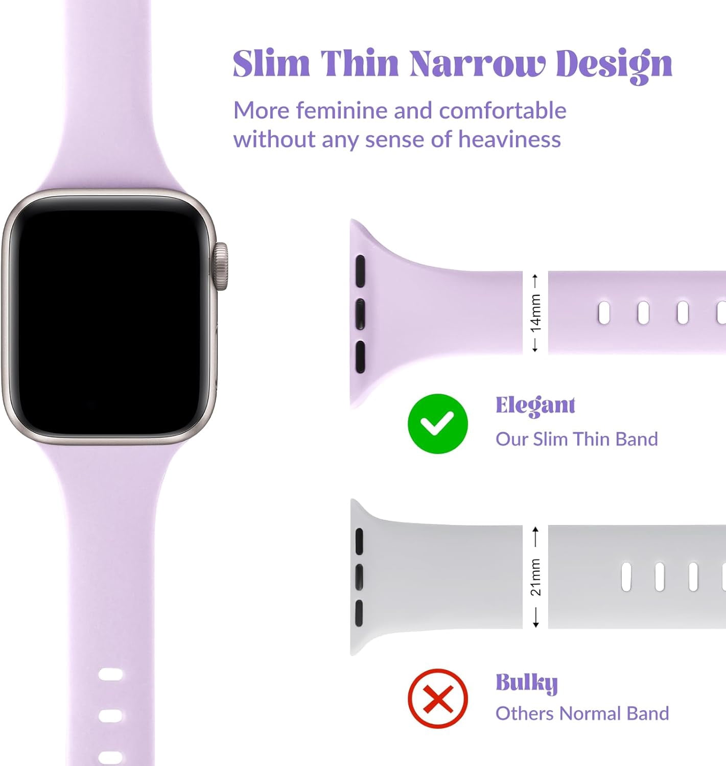 Women\'s Purple Skinny Charms X-Shaped Soft Slim Silicone Bands Compatible Watch Purple Strap|Purple Solid Silicone Bands-Clockworksynergy main image 3
