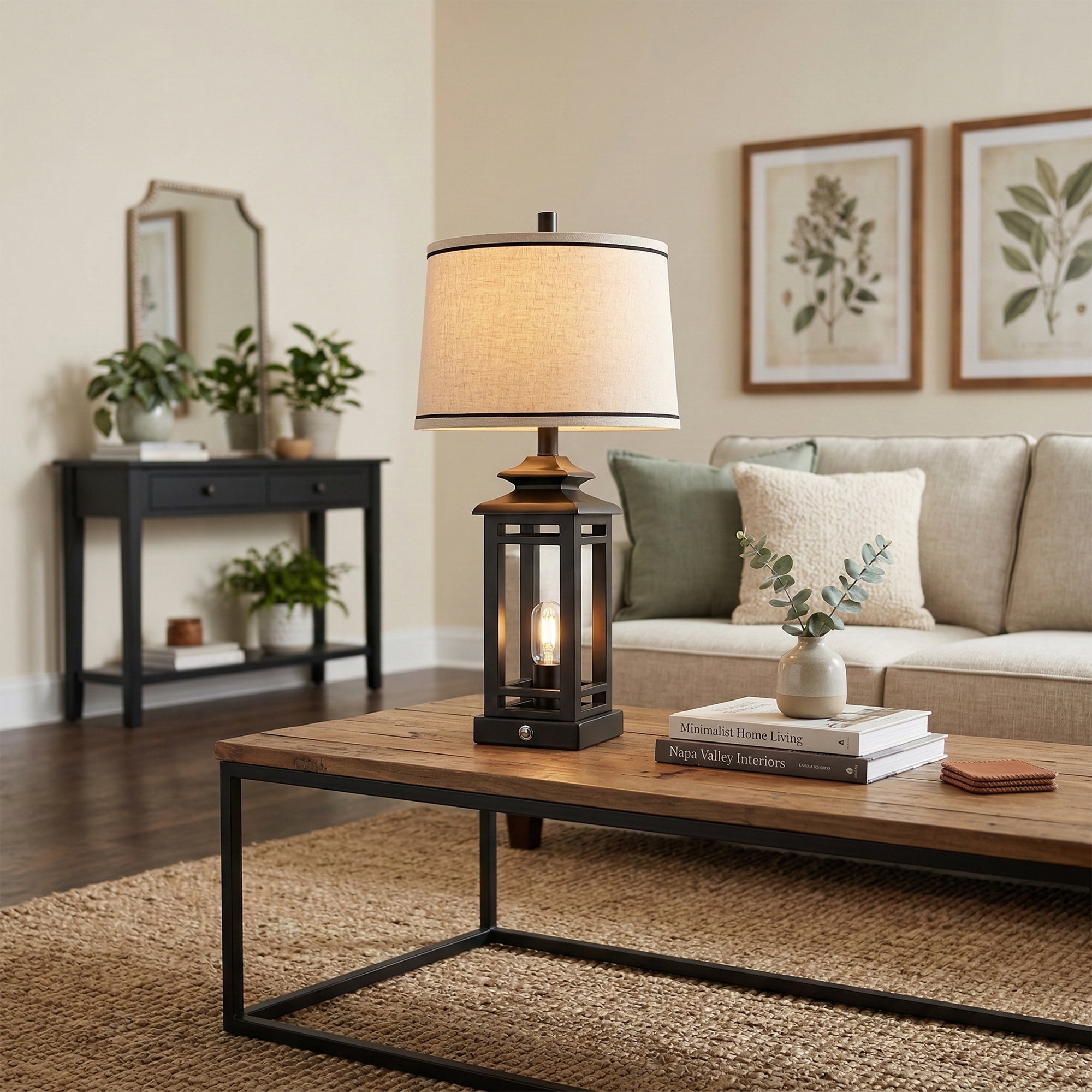 26in Farmhouse Table Lamp Black Desk Lamp with Linen Shade, LED Bulbs Included for Bedroom Living Room