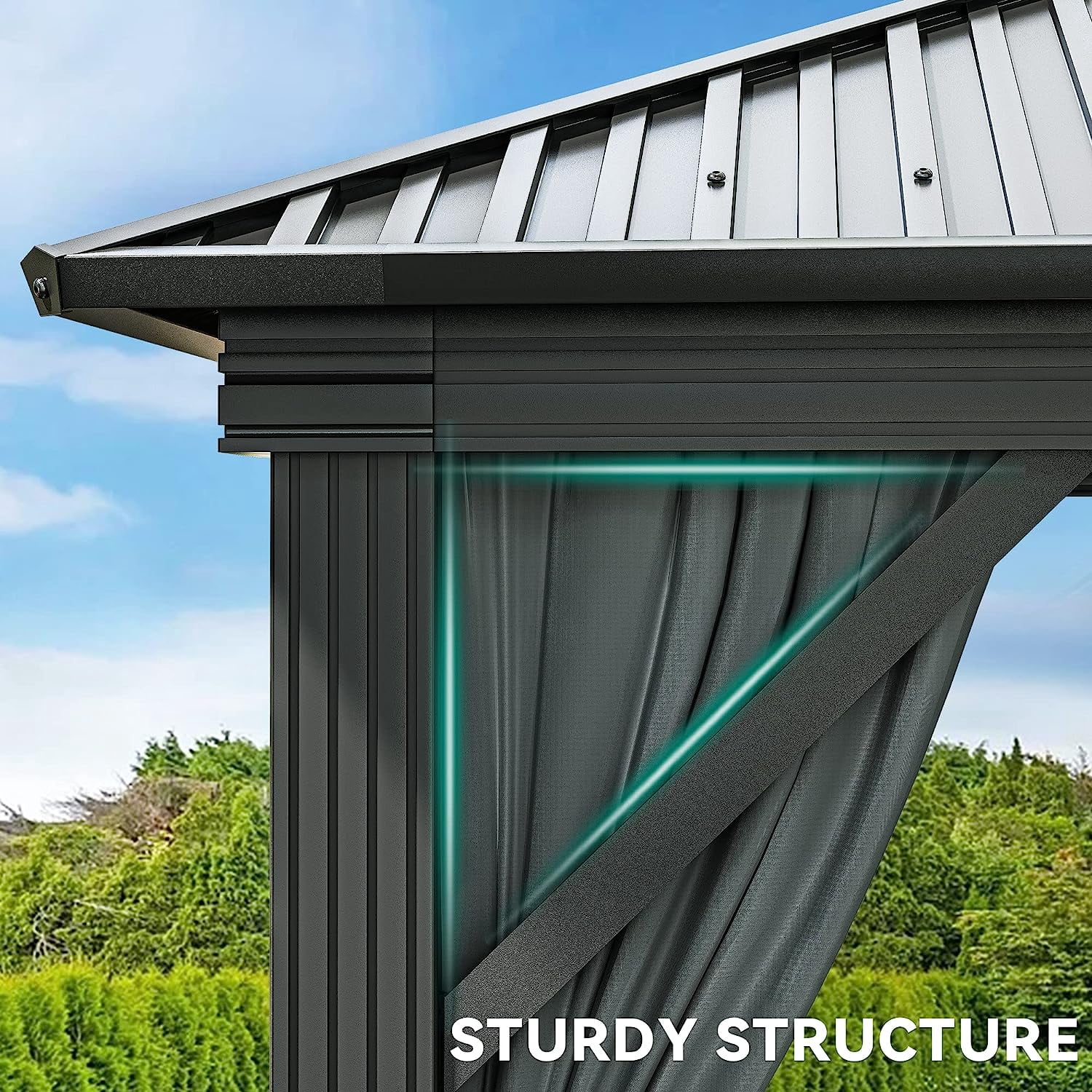 Dextrus Double Roof Hardtop Gazebo, Heavy Duty Hardtop with Netting and Curtains, Outdoor Galvanized Steel Combined of Vertical Stripes Roof for Patio, Backyard, Deck, Lawns-12x18ft, Gray