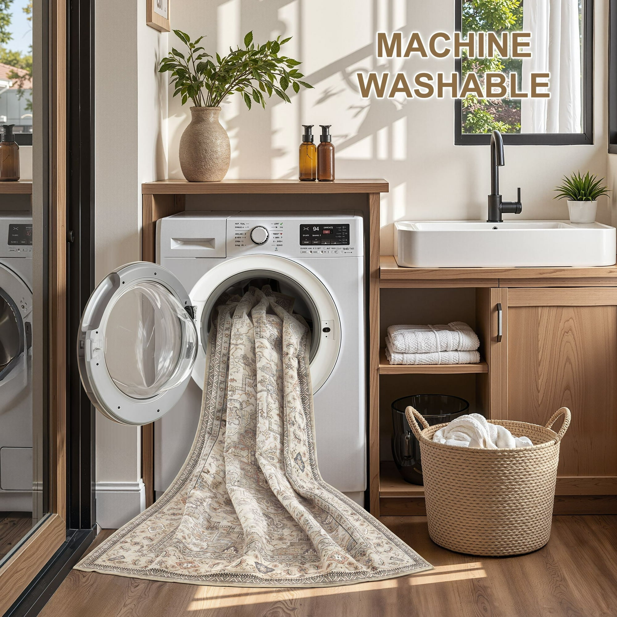 UERMEI 2x3 Washable Area Rugs for Living Room, Modern Vintage Printed Rug, Vacuum-Friendly, Non Slip Indoor Rug for Bedroom Entryway Home Decor Carpet, Beige Brown