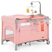 HARPPA 5 in 1 Baby Playard with Bassinet & Changing Table for Newborn, Pink