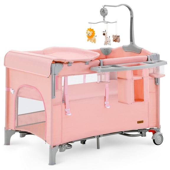 HARPPA 5 in 1 Baby Playard with Bassinet & Changing Table for Newborn, Pink