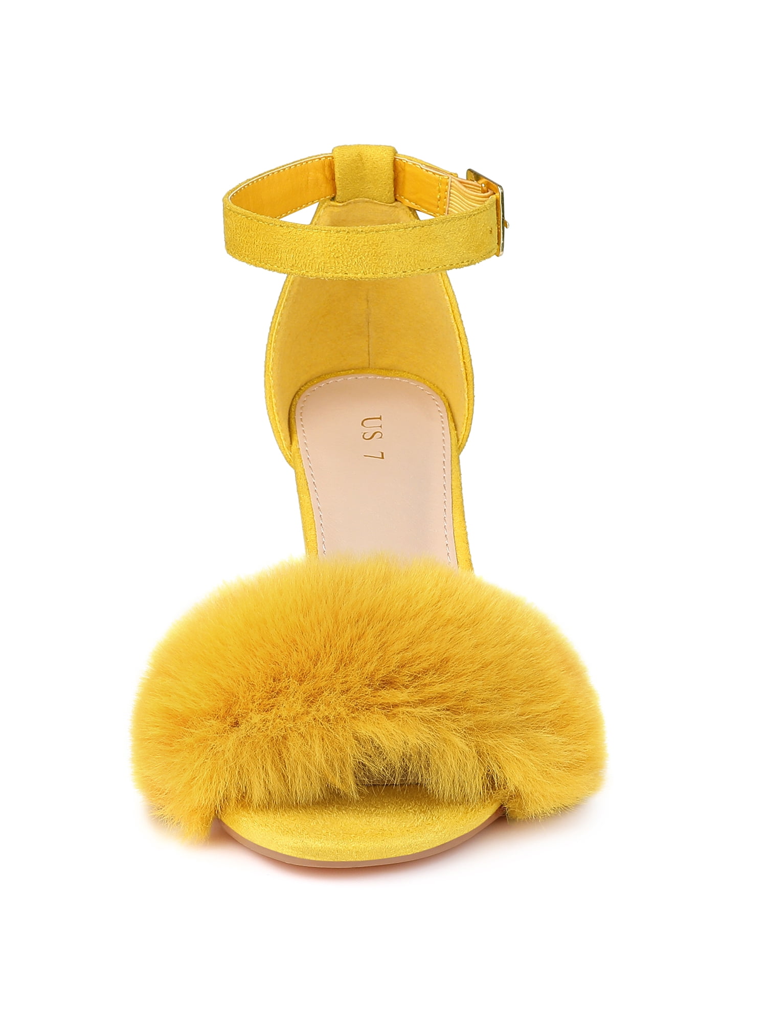 DARING DIVA Women's Ankle Strap Faux Fur Block Heels Beige Sandals for Wear Yellow 7