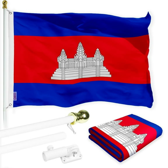 G128 Combo Pack: 6 Ft Tangle Free Spinning Flagpole (White) & Cambodia Flag 3x5 Ft Printed 150D Polyester, Brass Grommets (Flag Included) Aluminum Flag Pole