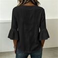thumbnail image 6 of hoksml Women's V Neck Partial Button 3/4 Bell Sleeve Blouse, Curved Hem Linen Texture Casual Tunic Top for Office Daily Wear, 6 of 8